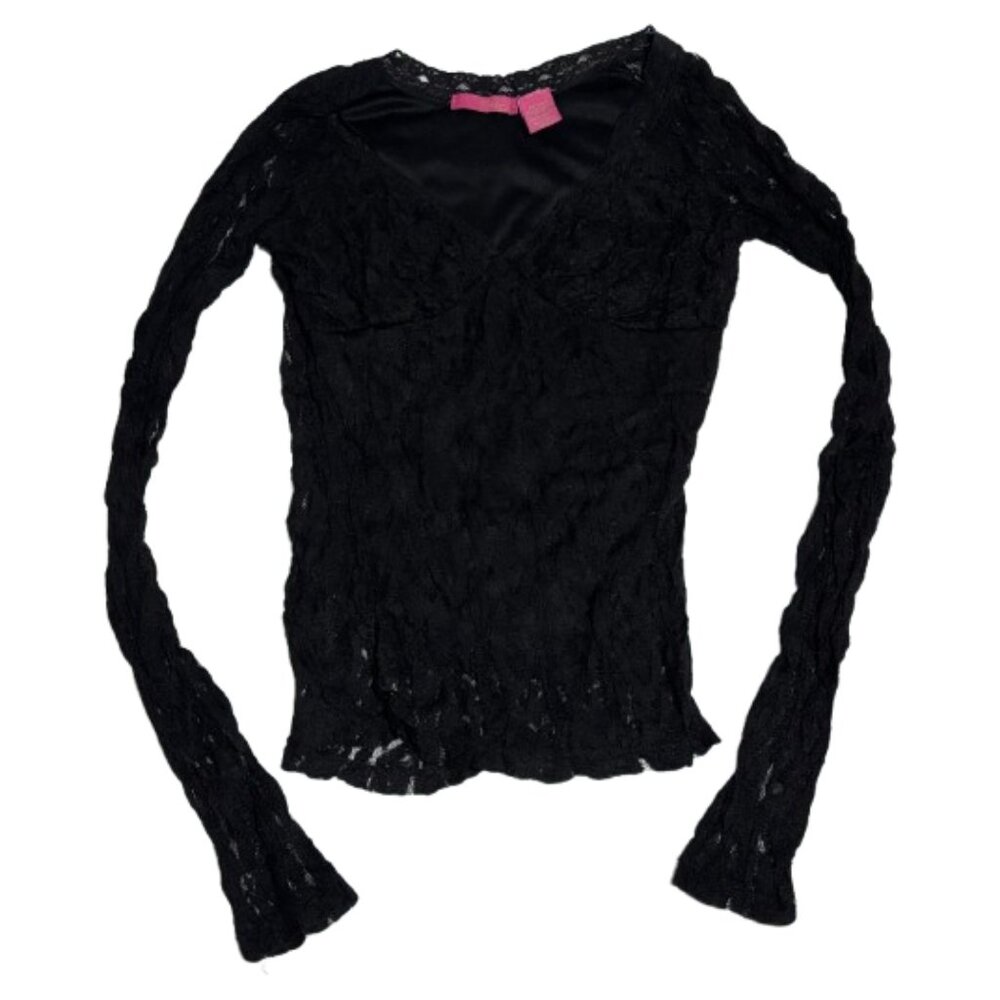 🖤 Vintage Black Lace V-Neck Long-Sleeved Top With Lined Bodice 🖤